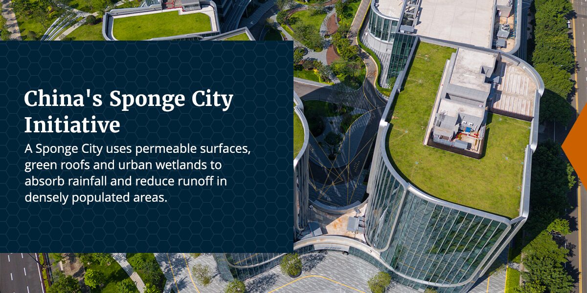 China's Sponge City Initiative with permeable surfaces and green roofs.
