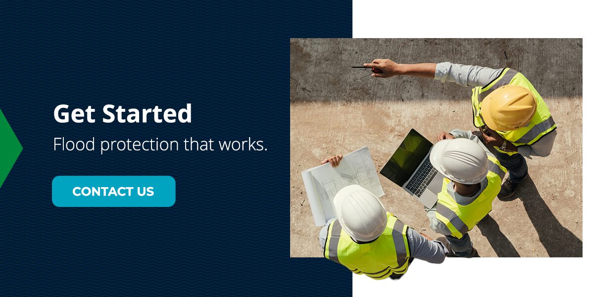 An image of construction workers holding blueprints with text that details how to get started with flood protection.