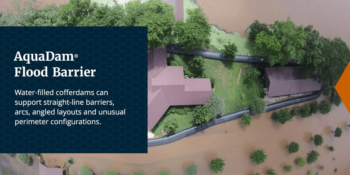 A water filled cofferdam by Aqua Dam to prevent the flooding of a series of homes in a flood-heavy area.