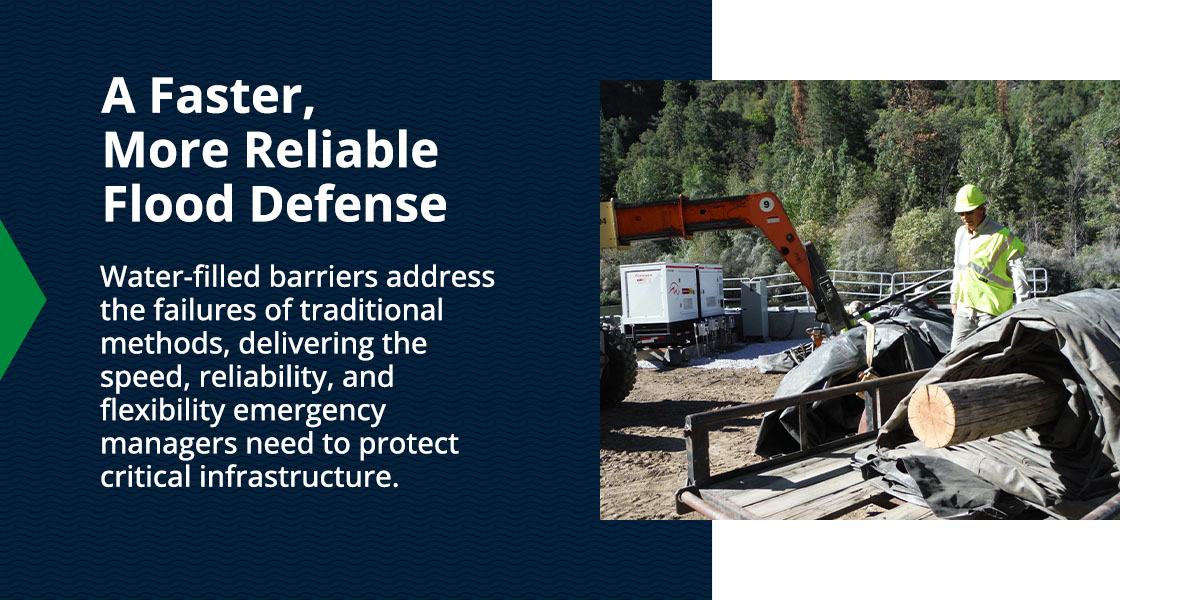 Flood barriers being deployed, along with an explanation of more reliable flood defense with water-filled barriers.